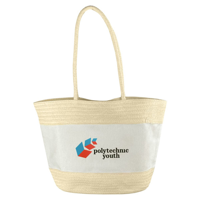 A patterned tote bag in cream with a natural woven texture and a logo on the front.