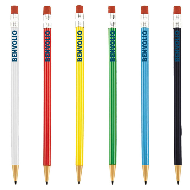 A collection of six round mechanical pencils in white, red, yellow, green, blue, and black with erasers. A collection of six round mechanical pencils in white, red, yellow, green, blue, and black with erasers.