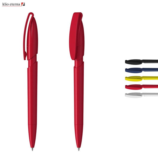 A red plastic pen with a matching cap, alongside pens in black, blue, yellow, and white. The product features branding.