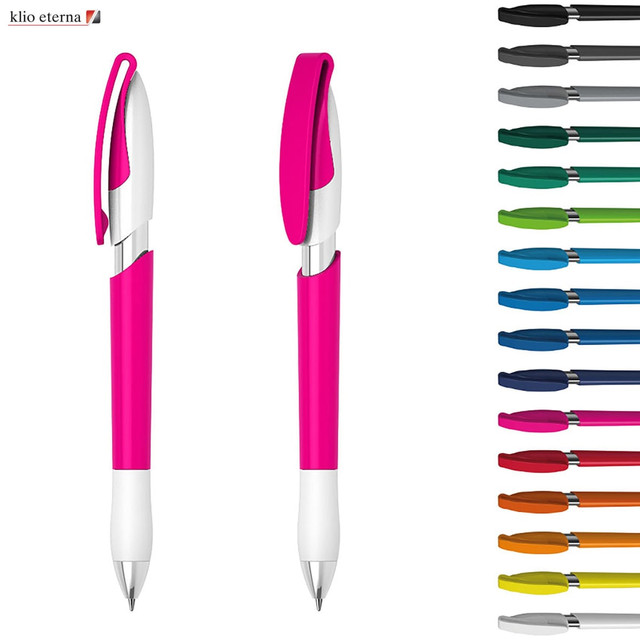 A pink plastic pen with a white grip and clip, alongside a variety of other coloured pens on the right.