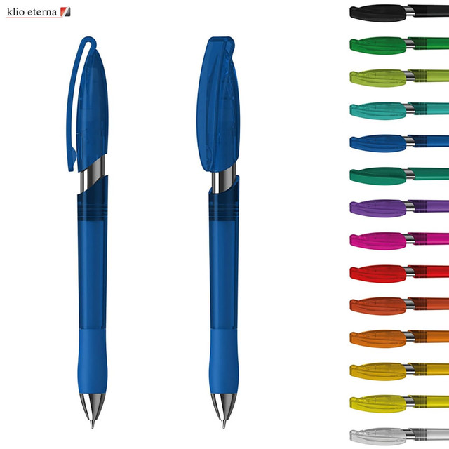 A blue transparent plastic pen with a clip, displayed alongside various coloured pen options. Features a logo.