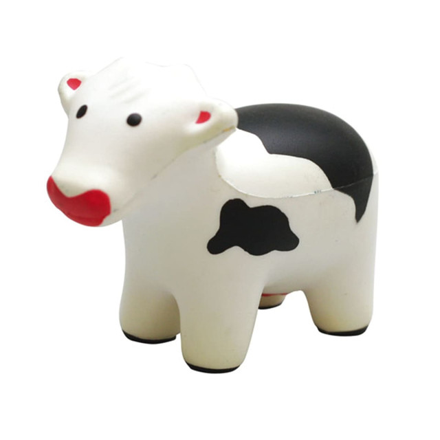 A black and white stress cow figurine, featuring a friendly expression and a solid design. It has a small logo on one side. A black and white stress cow figurine, featuring a friendly expression and a solid design. It has a small logo on one side.