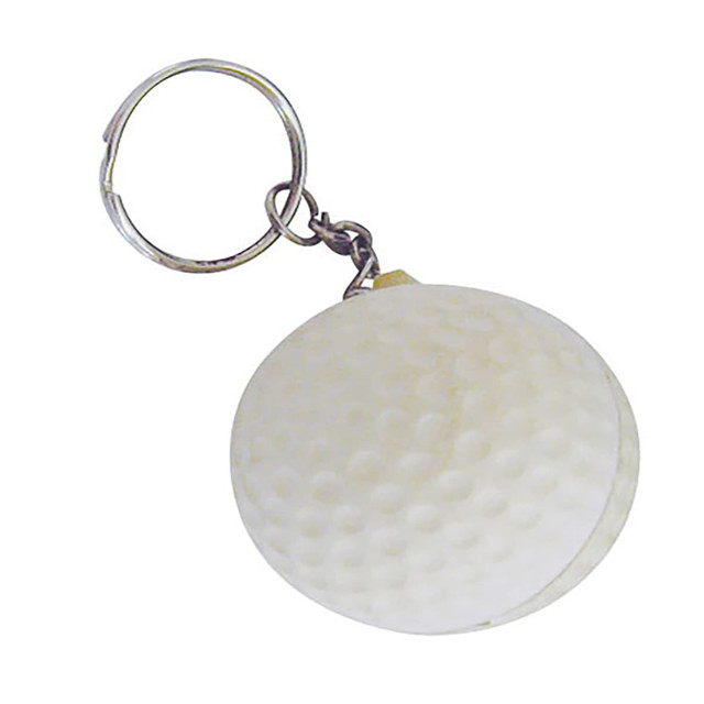 A white stress golf ball key ring with a silver keychain attachment.