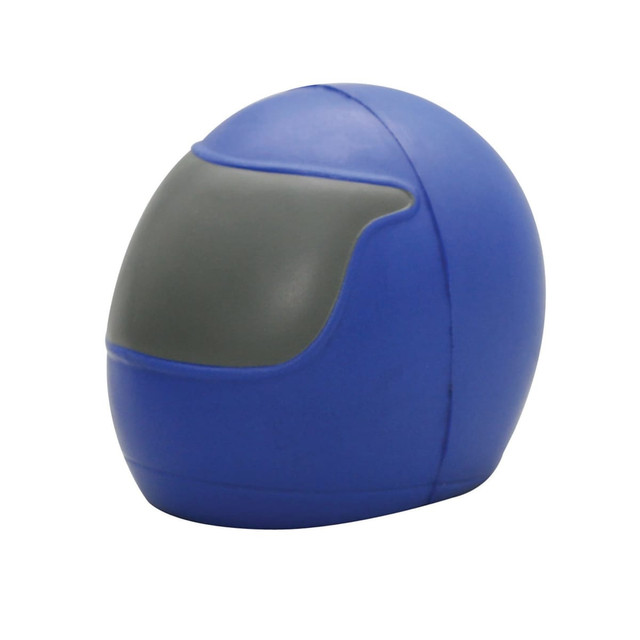 A blue stress helmet with a grey visor, designed as a fun stress relief shape. It features a logo on the surface. A blue stress helmet with a grey visor, designed as a fun stress relief shape. It features a logo on the surface.