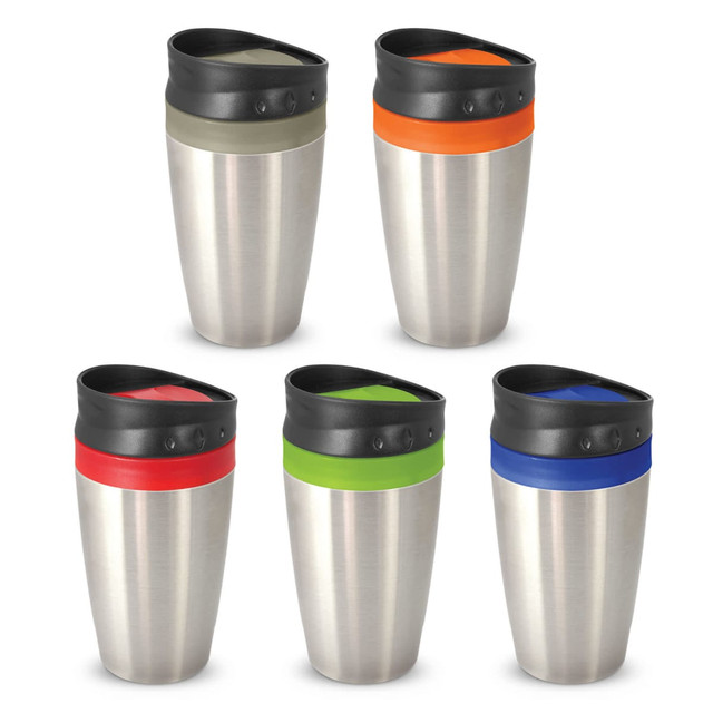A set of five stainless steel coffee cups in grey, orange, red, green, and blue with black lids and a logo.