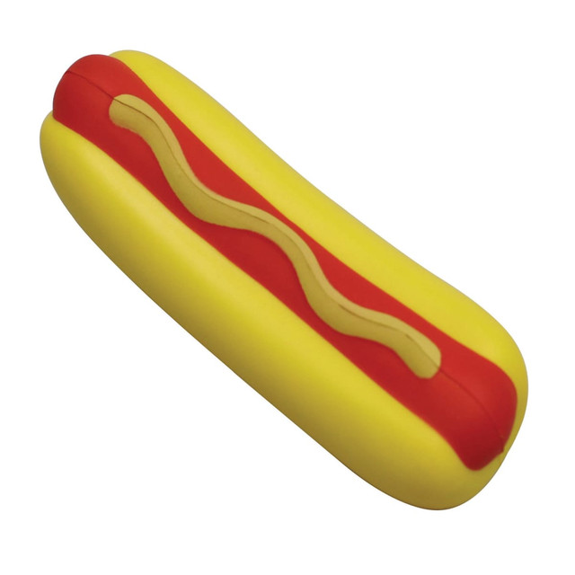 A squishy stress toy shaped like a hot dog, featuring yellow and red colours with a taupe squiggle. A squishy stress toy shaped like a hot dog, featuring yellow and red colours with a taupe squiggle.