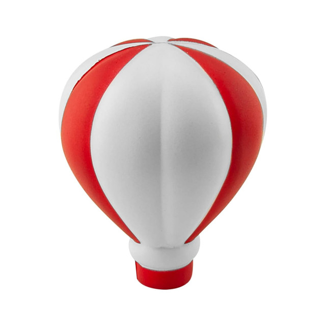 A red and white stress hot air balloon toy with a rounded top and a small base. It has a logo on the side.