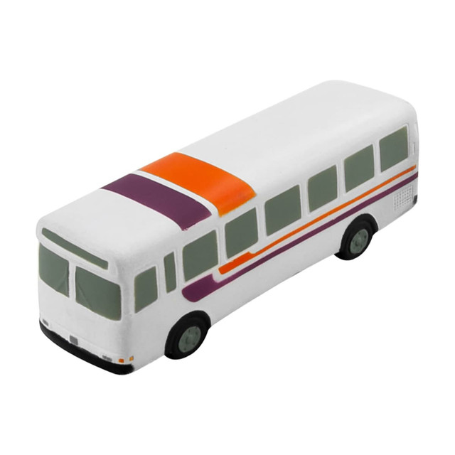 A white toy bus with orange and purple accents, featuring wheels and a small logo. A white toy bus with orange and purple accents, featuring wheels and a small logo.