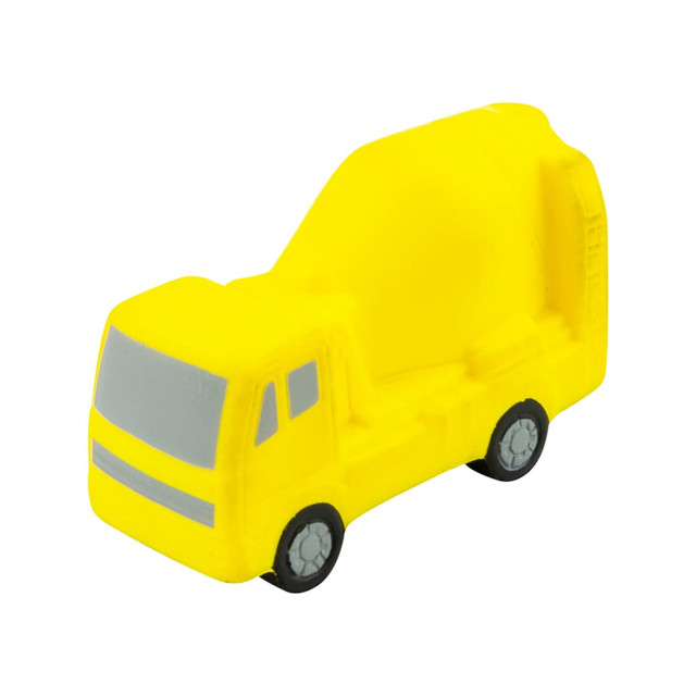 A yellow stress cement truck with grey details and black wheels. The product has a logo on it. A yellow stress cement truck with grey details and black wheels. The product has a logo on it.