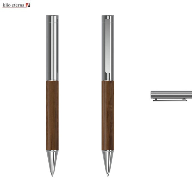 A metal pen featuring a polished silver finish and a dark wood grip, with a clip and branding logo.