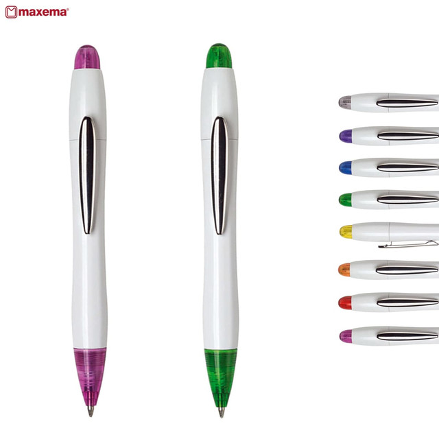 Two plastic pens in white with a green and pink top, alongside a variety of pens in different colours. Each pen has a silver clip. Two plastic pens in white with a green and pink top, alongside a variety of pens in different colours. Each pen has a silver clip.