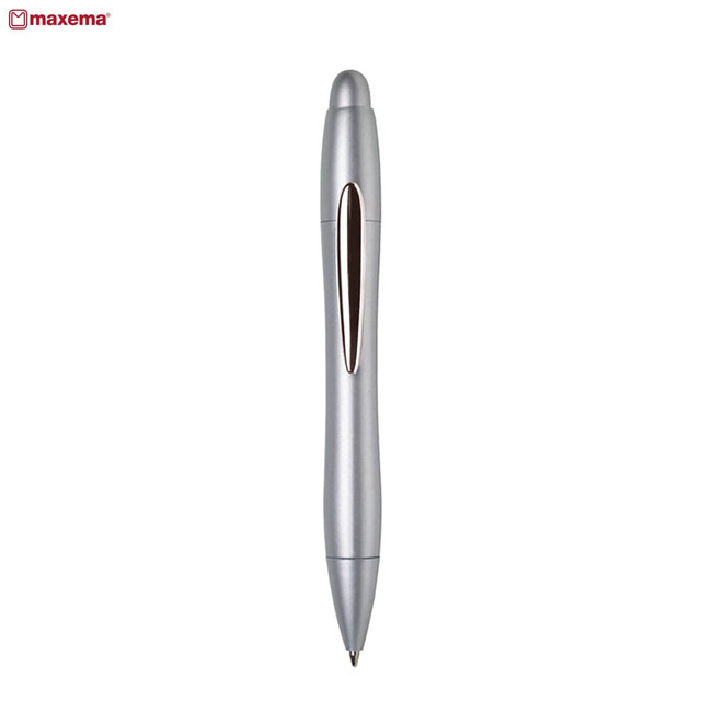 A silver plastic pen with a sleek design and a branded logo.