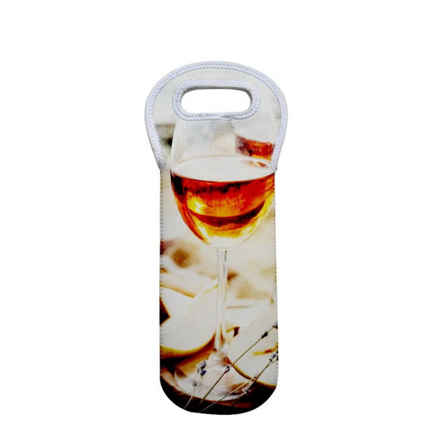 A drink bottle holder in a light colour featuring a design of a glass of wine, with a handle and a logo. A drink bottle holder in a light colour featuring a design of a glass of wine, with a handle and a logo.