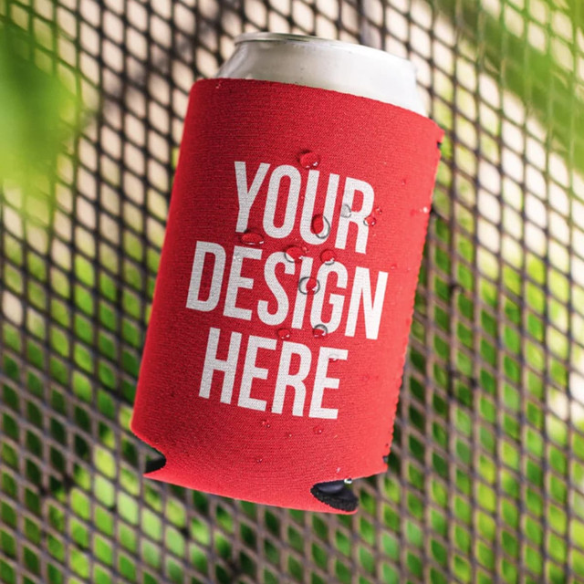 A drink bottle nestled in a red foam stubby cooler with a logo, featuring drops of water on its surface. A drink bottle nestled in a red foam stubby cooler with a logo, featuring drops of water on its surface.