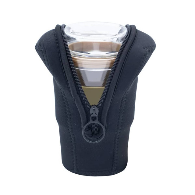 A black pouch with a zipper, designed to hold drink containers securely.