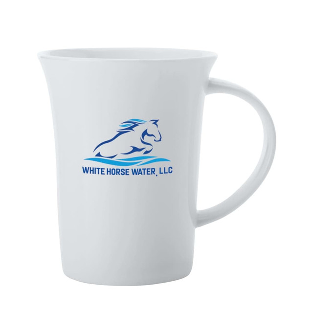 A white flared mug made of bone china with a logo and a handle, ideal for hot beverages.