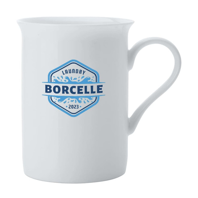 A cylindrical white bone china mug featuring a blue logo and a curved handle.