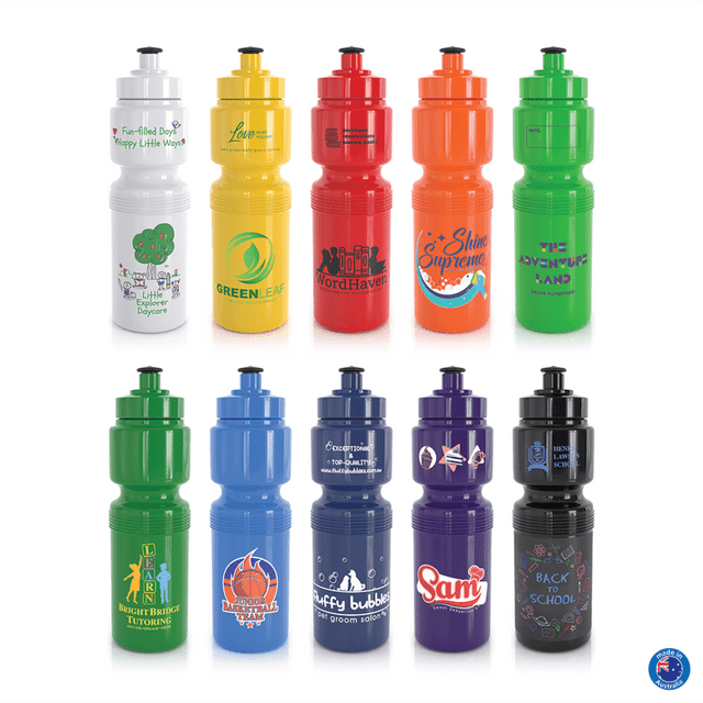 A collection of colourful drink bottles, including green, yellow, orange, red, and blue, with various designs and logos.