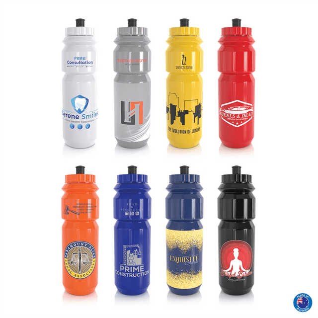 A drink bottle collection featuring various colours including red, blue, black, and orange, each with a different logo.