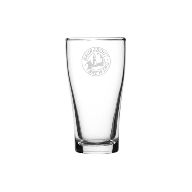 A clear glass beer glass featuring an embossed logo at the top.
