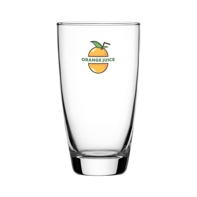 A clear glass hi-ball with a logo featuring an orange fruit. The glass has a wide base and smooth finish.