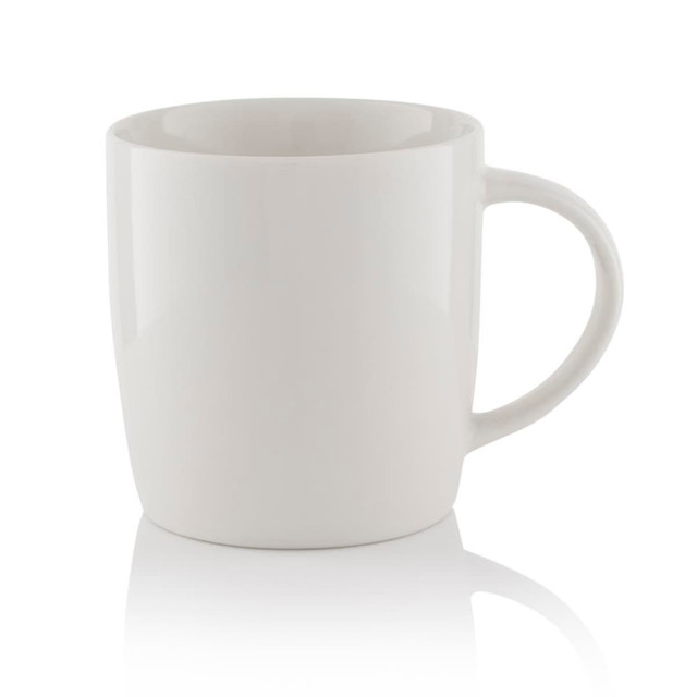 A white ceramic barrel mug featuring a handle and a glossy finish, with a branding logo visible.