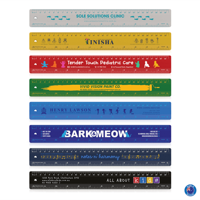 A collection of colourful 30cm rulers in various designs, featuring multiple logos and branding elements.