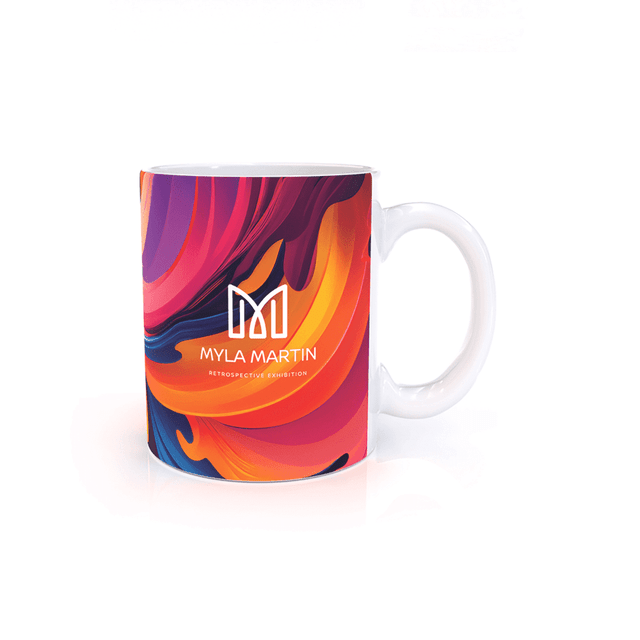 A coffee mug in vibrant hues of orange, purple, and pink, featuring a logo on one side. A coffee mug in vibrant hues of orange, purple, and pink, featuring a logo on one side.