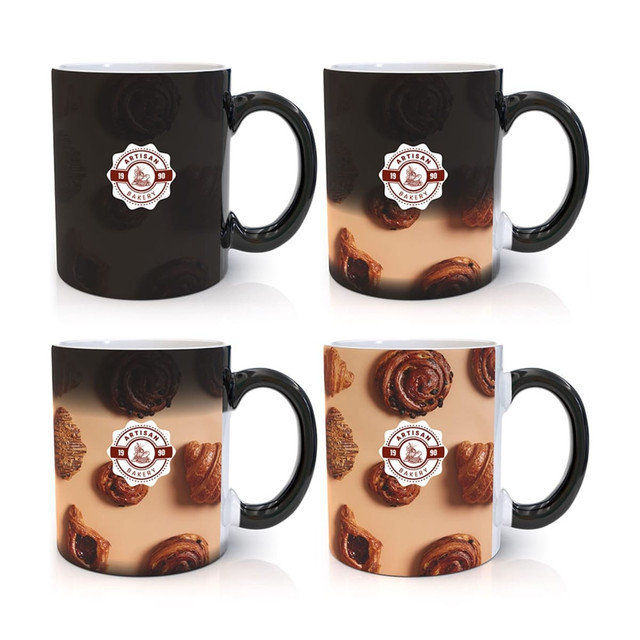A black and colour-changing mug featuring a logo with images of pastries, transitioning to a tan background when heated.