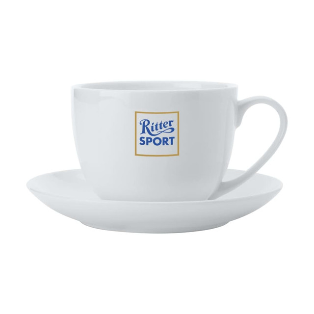 A white bone china cup with a matching saucer, featuring a logo on the cup's surface.