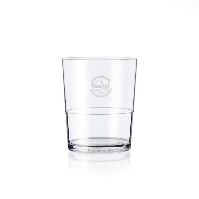A drink bottle featuring a clear plastic tumbler with a circular logo on one side.