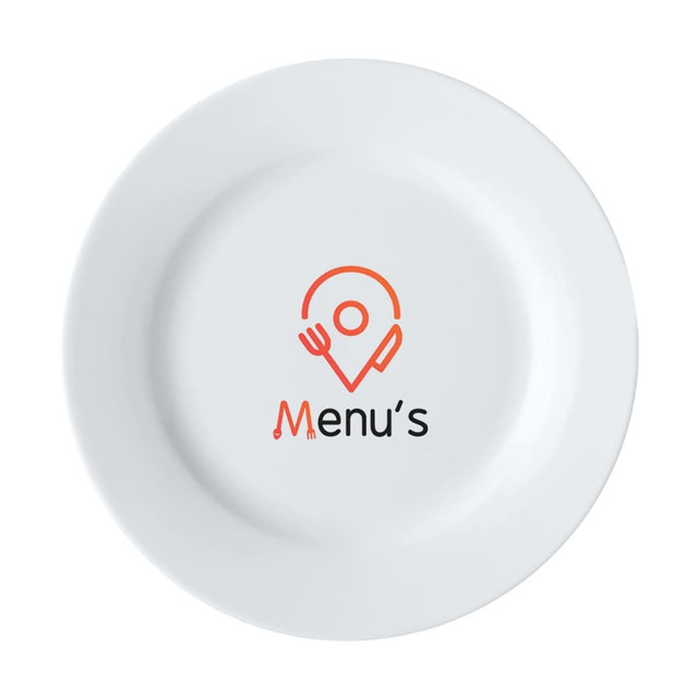 A white rim side plate measuring 19cm with a logo featuring a fork and knife design in orange and black.