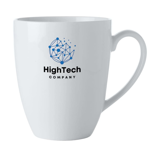 A white mug with a curved shape, featuring a branded logo in blue and black. Holds 390ml.