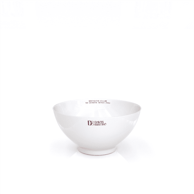 A white rice bowl with a glossy finish and a logo on the interior base, measuring 10cm in diameter.