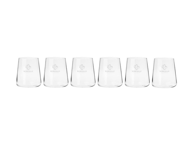 Six clear glass tumblers in a gift box, featuring a subtle logo on each.