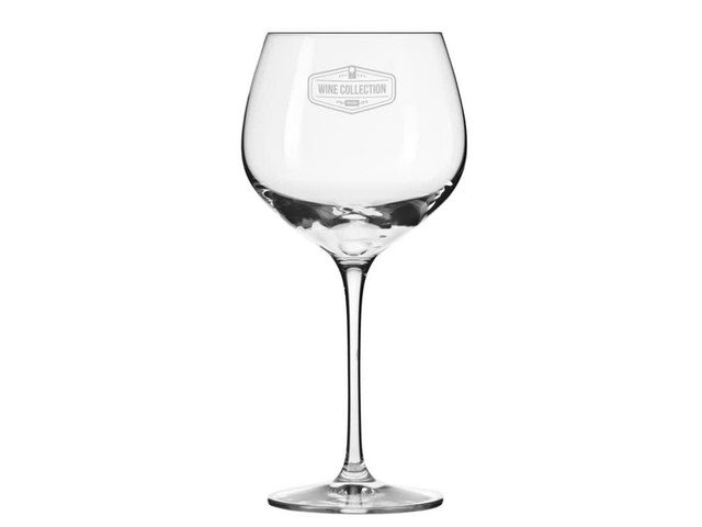 A clear wine glass with a wide bowl and slender stem, featuring a logo on the side.