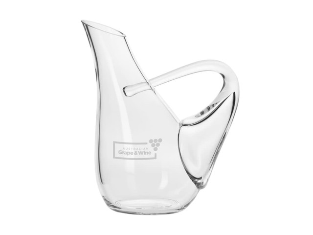 A drink bottle featuring a unique swan design, crafted from clear glass with a handle. It has a logo on the surface.