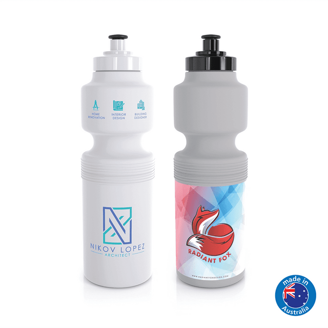 A drink bottle in white and grey, featuring a logo and promotional design on each side.