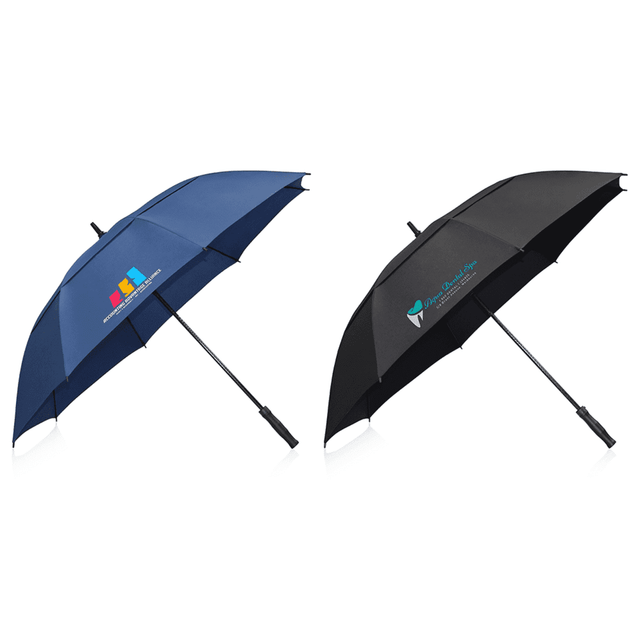 Two umbrellas: one in blue with a logo and another in black featuring a different logo.