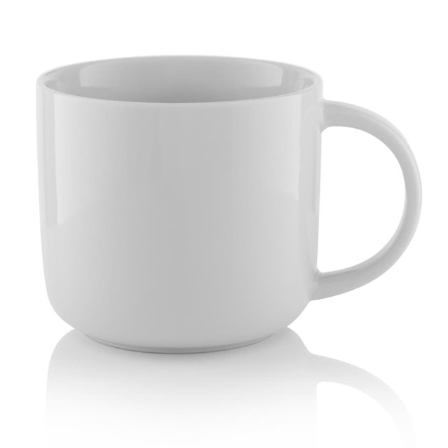 A drink mug in gloss white with a simple design and a curved handle. It has a glossy finish inside and out.