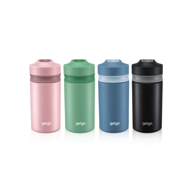 A drink bottle collection featuring pink, green, blue, and black double wall travel cups with a logo.