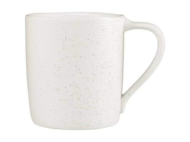 A coffee mug in speckled white, featuring a curved handle and a wide body design.