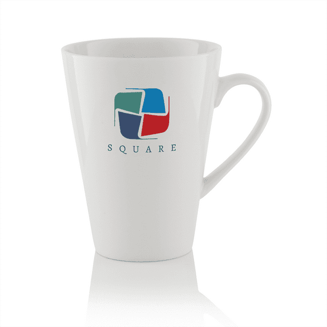 A tall white latte mug featuring a handle and a colourful logo. Ideal for coffee and hot beverages.