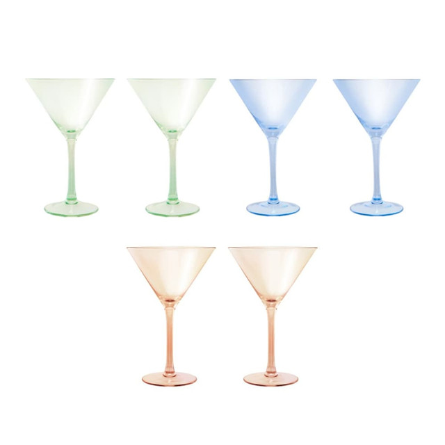 A set of two glamour martini glasses in peach, alongside two blue and two green glasses, all gift boxed.