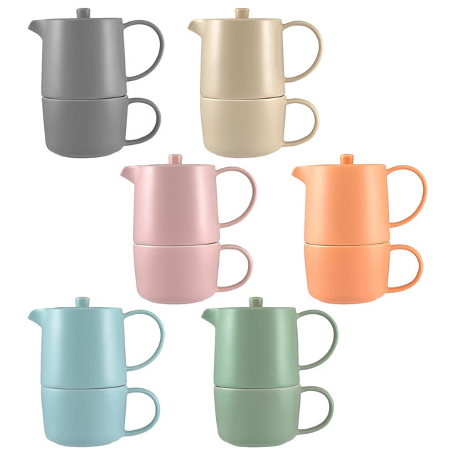 A stackable tea set featuring a teapot and cup in pastel shades of grey, beige, pink, orange, blue, and green.