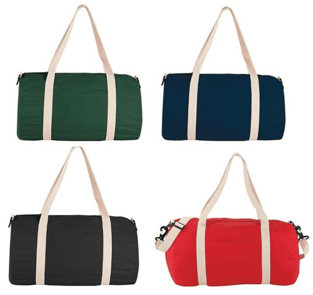 Four duffel bags in green, navy, black, and red, featuring beige straps and a logo on each bag.