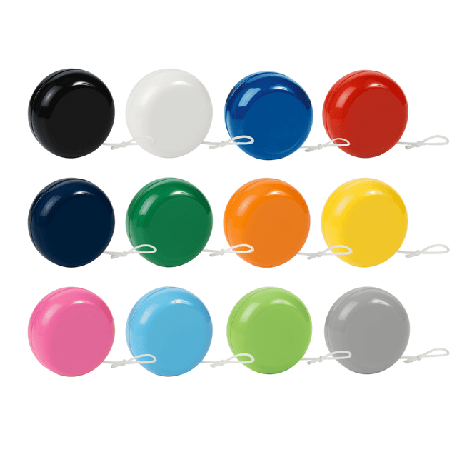 A collection of twelve standard plastic yo-yos in various colours, including black, white, blue, red, green, orange, yellow, pink, light blue, and grey. Each has a loop for attachment. A collection of twelve standard plastic yo-yos in various colours, including black, white, blue, red, green, orange, yellow, pink, light blue, and grey. Each has a loop for attachment.