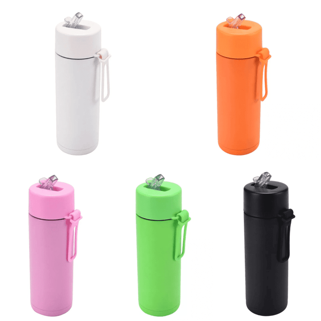 A drink bottle featuring five colours: white, orange, pink, green, and black, with a silicone handle and a logo.