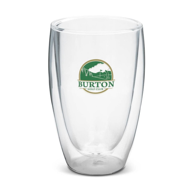 A double wall glass with a logo featuring "Burton Golf Club." The glass has a clear design and a capacity of 410ml.
