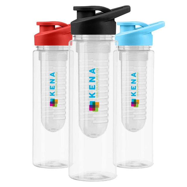 A drink bottle featuring a clear design, available in red, black, and blue caps, with a logo on one side.